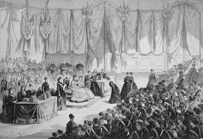 Framed Print : Empress Eugenie de Montijo, Maria Eugenia Ignacia Agustina de Palafox Portocarrero de Guzman y Kirkpatrick presiding over the award ceremony at the Imperial Institution of the Region of Honour in Saint Denis, 1869, France, Historic Framed Print : Empress Eugenie de Montijo, Maria Eugenia Ignacia Agustina de Palafox Portocarrero de Guzman y Kirkpatrick presiding over the award ceremony at the Imperial Institution of the Region of Honour in Saint Denis, 1869, France, Historic