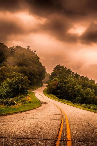 end of the road. The Blue Ridge Parkway shot during a heavy storm around sunset