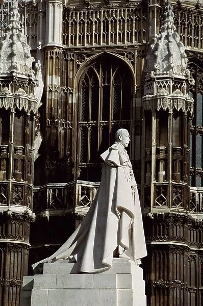 England, London, Westminster Abbey, exterior and statue