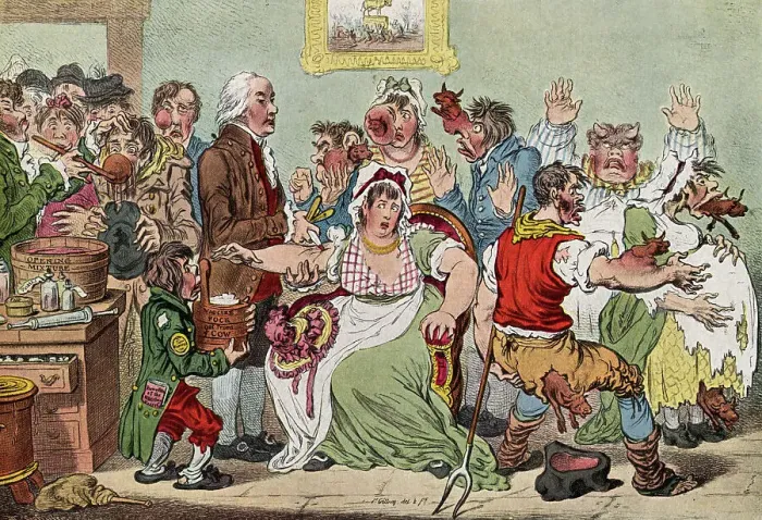 Framed Print : English Cartoon Depicting People with Cow Pox Framed Print : English Cartoon Depicting People with Cow Pox