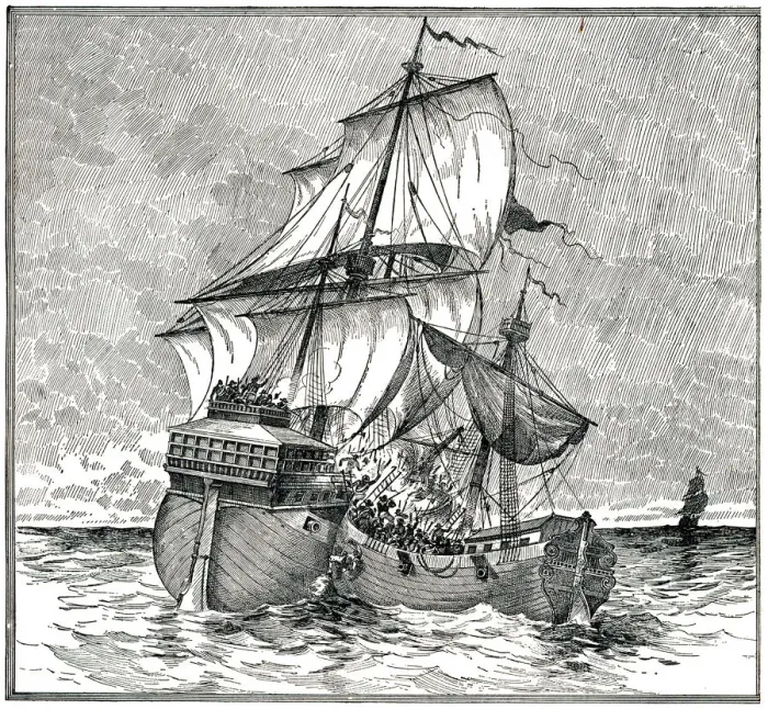 Framed Print : English and spanish ships colliding 1892