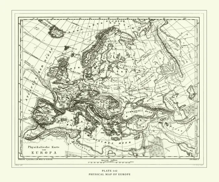 Framed Print : Engraved Antique, Physical Map of Europe Engraving Antique Illustration, Published 1851 Framed Print : Engraved Antique, Physical Map of Europe Engraving Antique Illustration, Published 1851