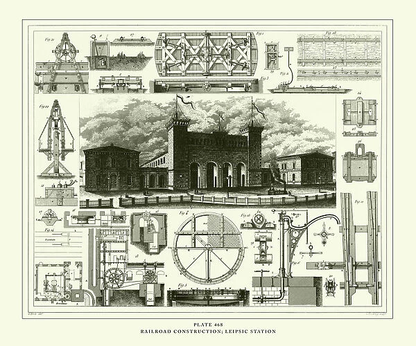 Engraved Antique, Railroad Construction; Leipsic Station Engraving Antique Illustration