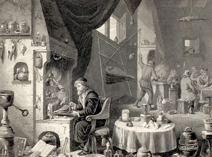 Framed Print : Engraving of an Alchemist Framed Print : Engraving of an Alchemist