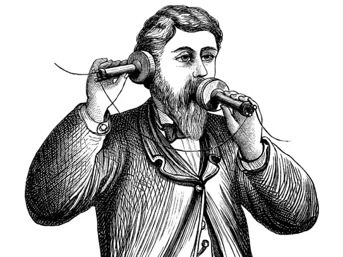 Framed Print : Engraving Alexander Graham Bell making a call on antique telephone Framed Print : Engraving Alexander Graham Bell making a call on antique telephone