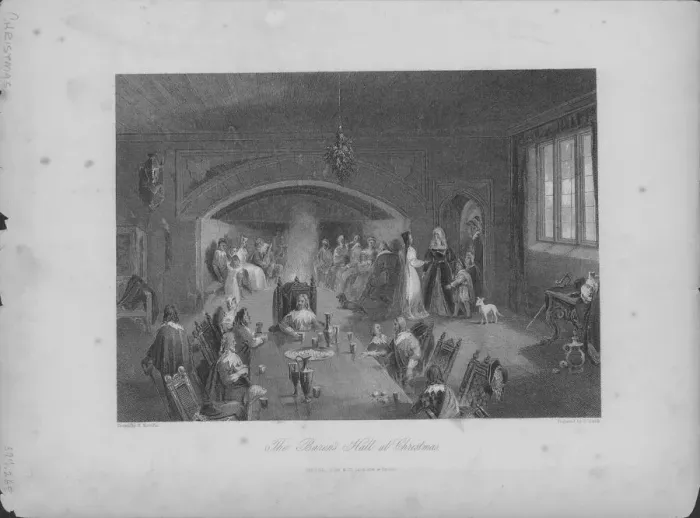 Framed Print : Engraving Of The Barons Hall At Christmas Framed Print : Engraving Of The Barons Hall At Christmas