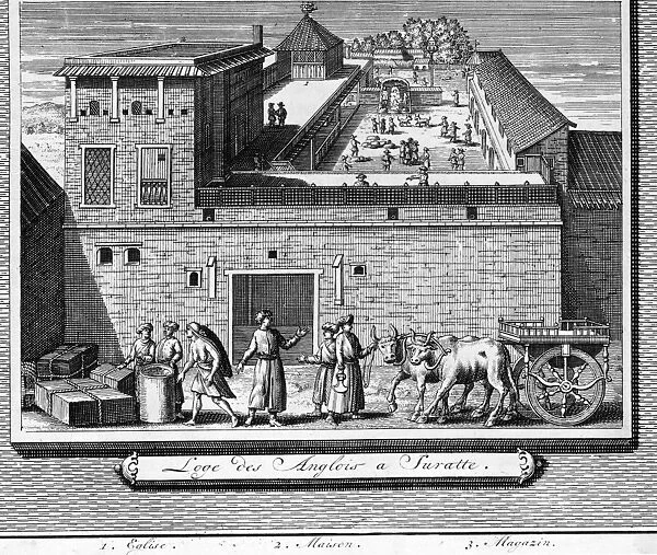 Surat. An Engraving of a British Factory in Surat, India circa 1668