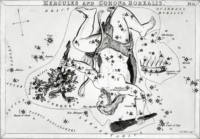 Framed Print : Engraving, Constellations;Hercules & Coro Framed Print : Engraving, Constellations;Hercules & Coro