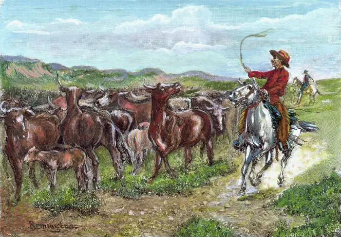 Framed Print : Engraving of Cowboys & Cattle by Frederick Remington