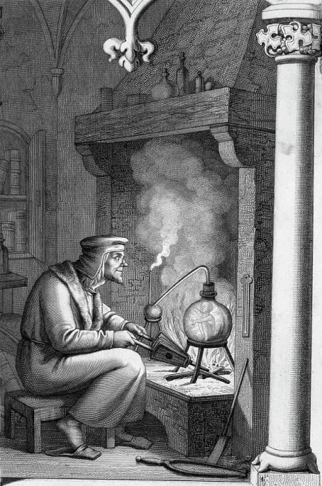 Framed Print : Engraving Depicting Alchemist with Crucible from Goethe's Faust Framed Print : Engraving Depicting Alchemist with Crucible from Goethe's Faust