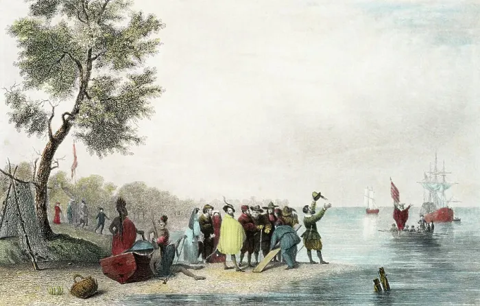 Framed Print : Engraving of Early Colonists at Jamestown, Virginia Framed Print : Engraving of Early Colonists at Jamestown, Virginia