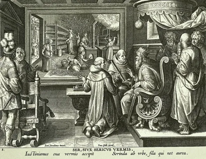 Framed Print : Engraving of Emperor Justinian Receiving Eggs of Silkworm by Joannes Galle after Johannes Stradanus Framed Print : Engraving of Emperor Justinian Receiving Eggs of Silkworm by Joannes Galle after Johannes Stradanus