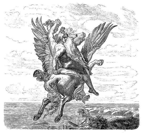 Engraving of hero Perseus riding Pegasus
