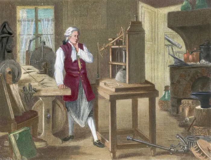 Framed Print : Engraving of James Watt Studying Improvements to the Newcomen Steam Engine Framed Print : Engraving of James Watt Studying Improvements to the Newcomen Steam Engine