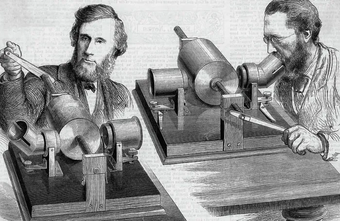Framed Print : Engraving of John Tyndall and W.H. Preece Speaking into Phonograph Framed Print : Engraving of John Tyndall and W.H. Preece Speaking into Phonograph