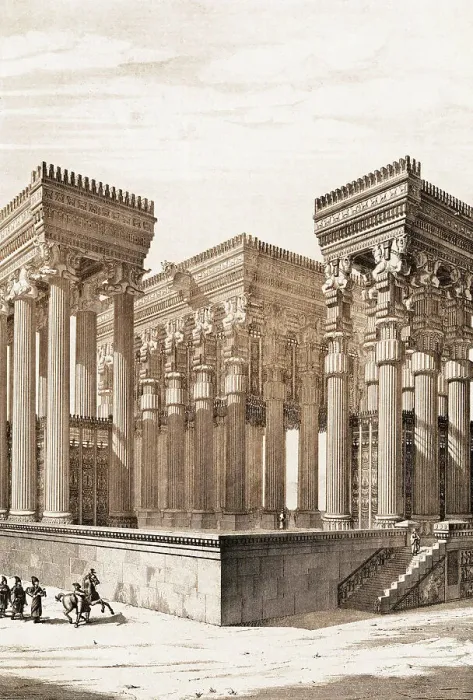 Framed Print : Engraving by Jules Penel After Reconstruction of Hypostyle Hall of Palace of Xerxes at Persepolis by Ch. Chipiez Framed Print : Engraving by Jules Penel After Reconstruction of Hypostyle Hall of Palace of Xerxes at Persepolis by Ch. Chipiez