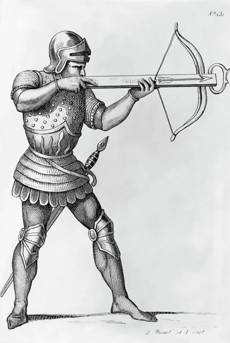 Framed Print : Engraving of a Knight Aiming a Crossbow by L. Massard Framed Print : Engraving of a Knight Aiming a Crossbow by L. Massard