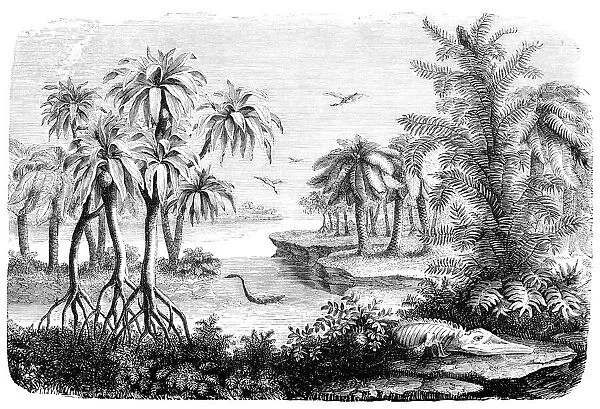 Engraving landscape of Jurassic period with dinosaur
