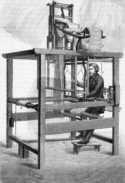 Framed Print : Engraving of a Man Operating a Jacquard Loom Framed Print : Engraving of a Man Operating a Jacquard Loom