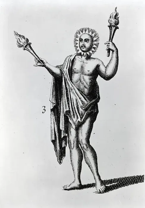 Framed Print : Engraving Of Man W / Sun Face Mask & Torch Framed Print : Engraving Of Man W / Sun Face Mask & Torch