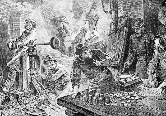 Framed Print : Engraving of Men Creating Counterfeit Coins Framed Print : Engraving of Men Creating Counterfeit Coins