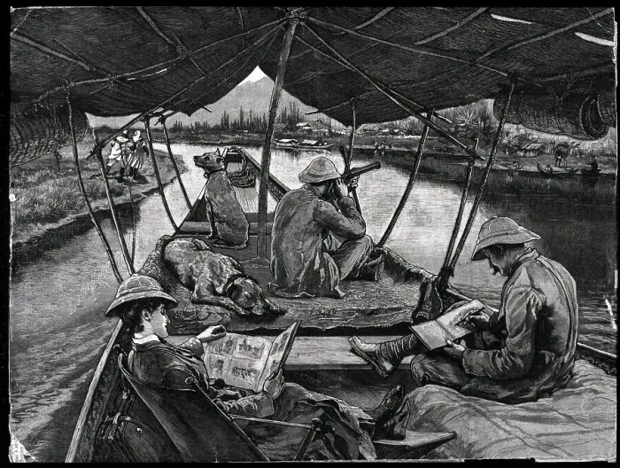 Framed Print : Engraving Of Men On Houseboat In India Framed Print : Engraving Of Men On Houseboat In India