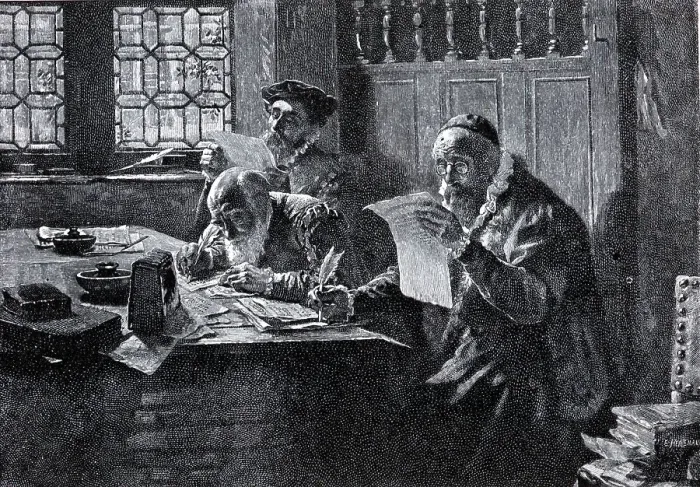 Framed Print : Engraving Of Men Seated Proof Reading Framed Print : Engraving Of Men Seated Proof Reading