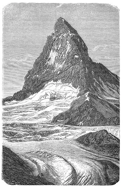Engraving of mountain peak Matterhorn with glacier Furka