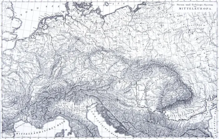 Framed Print : Engraving: Mountains and River Systems of Europe Framed Print : Engraving: Mountains and River Systems of Europe