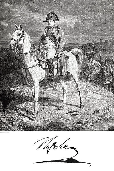 Engraving of Napolean Bonaparte on his horse Marengo from 1882