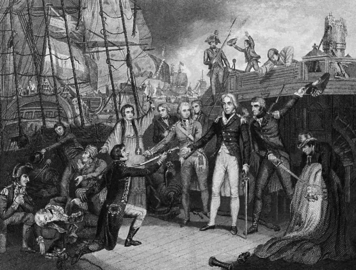 Framed Print : Engraving After Nelson Receiving the Surrender of the San Josef at the Battle of Cape St Vincent by Daniel Orme Framed Print : Engraving After Nelson Receiving the Surrender of the San Josef at the Battle of Cape St Vincent by Daniel Orme
