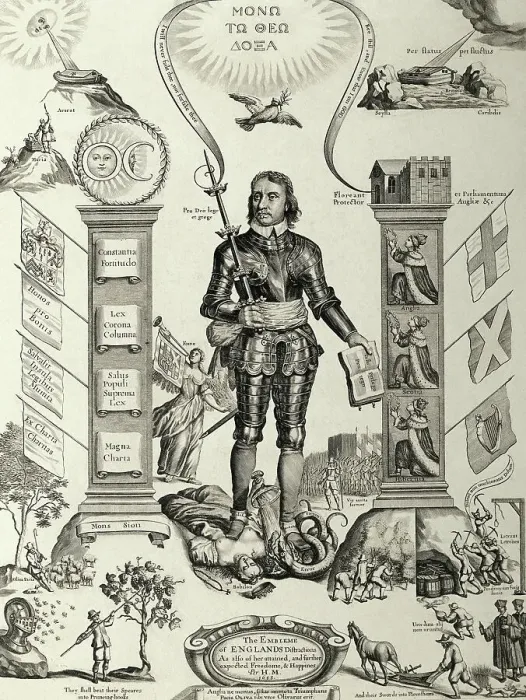 Framed Print : Engraving Of Oliver Cromwell / Flags / Etc Framed Print : Engraving Of Oliver Cromwell / Flags / Etc