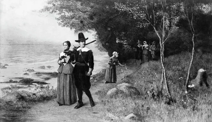 Framed Print : Engraving of Puritans Walking to Church by J.S. King Framed Print : Engraving of Puritans Walking to Church by J.S. King