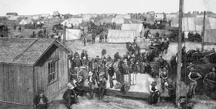 Framed Print : Engraving Of Settling Of An Oklahoma Town Framed Print : Engraving Of Settling Of An Oklahoma Town