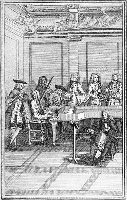 Framed Print : Engraving of a Traditional 18th-Century Chamber Orchestra Framed Print : Engraving of a Traditional 18th-Century Chamber Orchestra