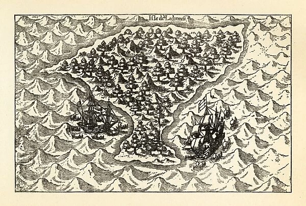 Engraving of Van Noort Sailing the Marianne Islands, 1600