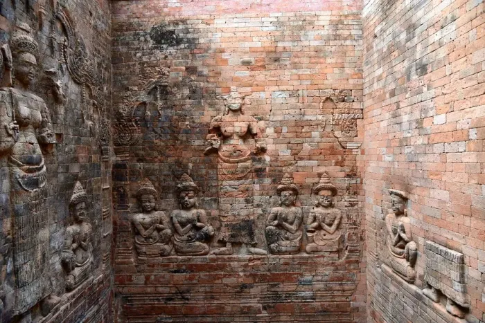 Framed Print : Engraving on the walls of Prasat Kravan temple Angkor Cambodia Framed Print : Engraving on the walls of Prasat Kravan temple Angkor Cambodia