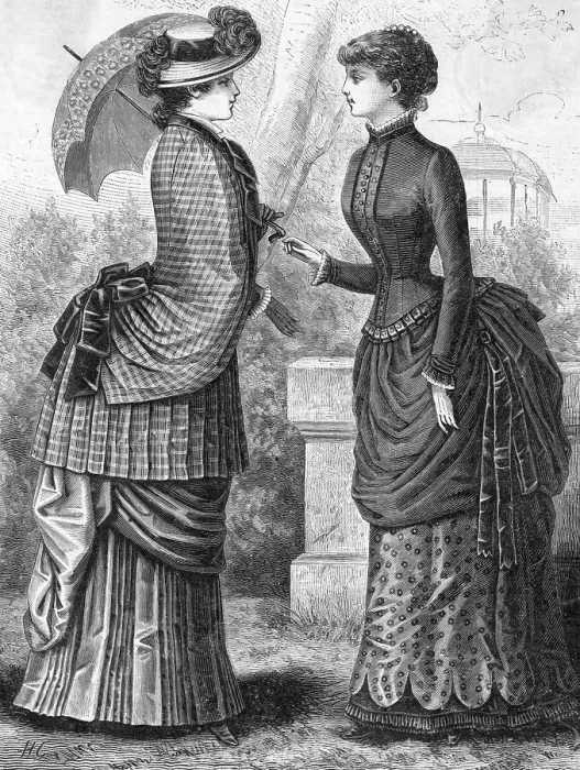 Framed Print : Engraving of A Woman Wearing a Cheviot Mantle and a Woman Wearing a Camel's Hair Hari and Silk Dress (1883) Framed Print : Engraving of A Woman Wearing a Cheviot Mantle and a Woman Wearing a Camel's Hair Hari and Silk Dress (1883)