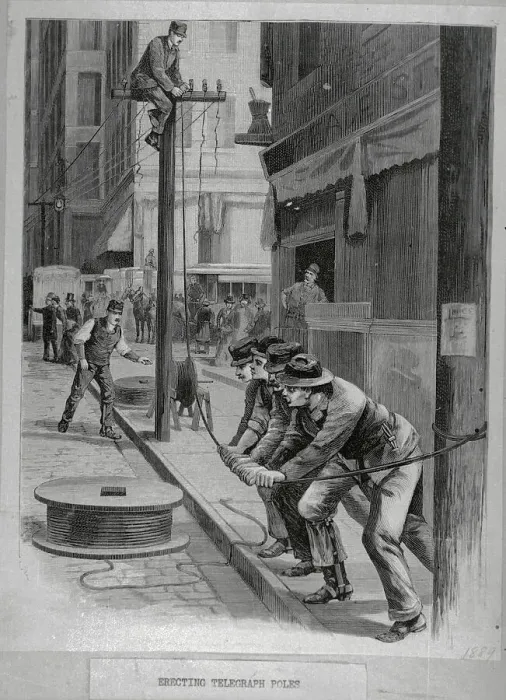 Framed Print : Engraving of Workers Erecting Telephone Poles in 1889