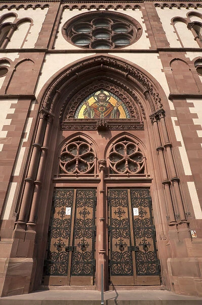 Entrance of the Herz Jesu-Kirche, or Sacred Heart Church, built in the style of Historicism, consecrated in 1897, Freiburg, Baden-Wurttemberg, Germany