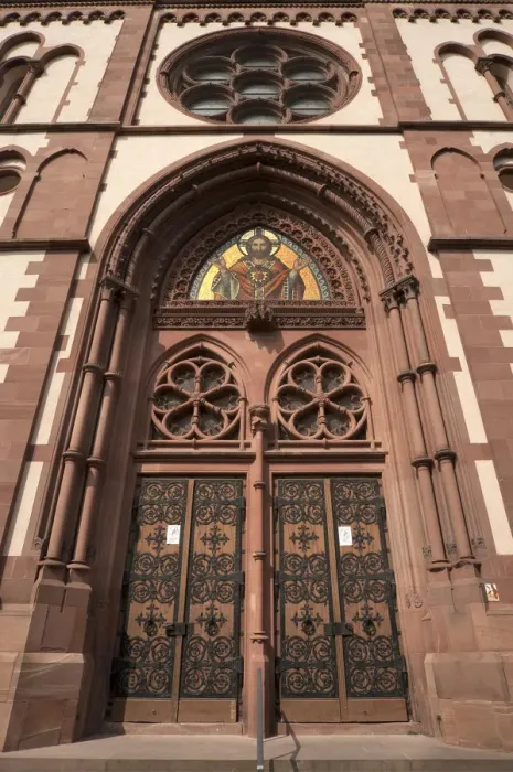 Framed Print : Entrance of the Herz Jesu-Kirche, or Sacred Heart Church, built in the style of Historicism, consecrated in 1897, Freiburg, Baden-Wurttemberg, Germany