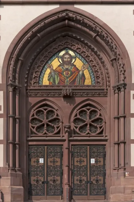 Framed Print : Entrance of the Herz Jesu-Kirche, or Sacred Heart Church, built in the style of Historicism, consecrated in 1897, Freiburg, Baden-Wurttemberg, Germany