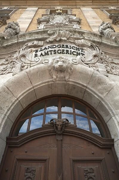 Entrance portal of the historic building of the Bavarian District Court, Schweinfurt, Lower Franconia, Bavaria, Germany