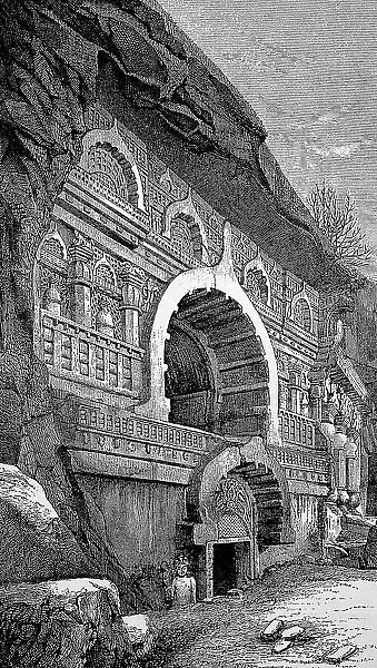 Entrance to the Rock Temple in Nassick, India, Historic, digital reproduction of an original 19th century artwork