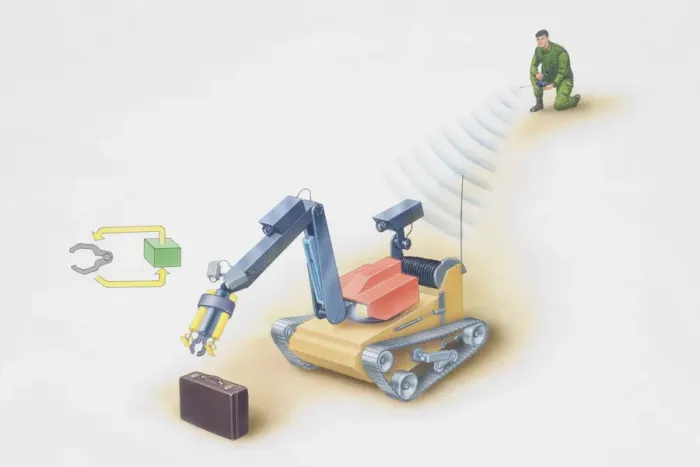 Framed Print : EOD expert using robot to investigate attache case