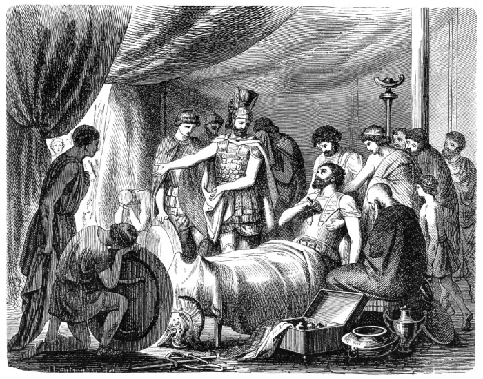 Framed Print : Epaminondas Pulls the Dart from his Breast (antique engraving) Framed Print : Epaminondas Pulls the Dart from his Breast (antique engraving)