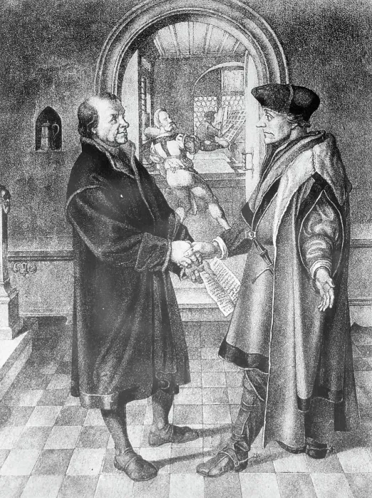 Framed Print : Erasmus and Johannes Froben Shaking Hands Framed Print : Erasmus and Johannes Froben Shaking Hands