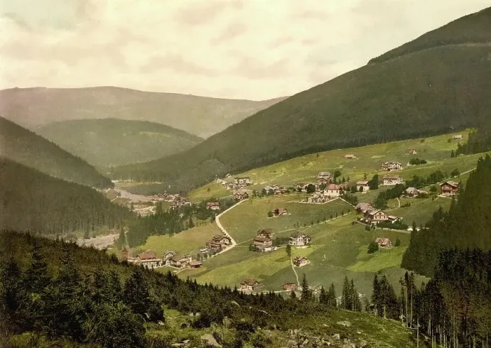 Framed Print : Erdmannsdorf and the Elbe Valley in the Silesian Giant Mountains, today Myslakowice in Poland, around 1890, Germany, Historic, digitally restored reproduction from a 19th century original