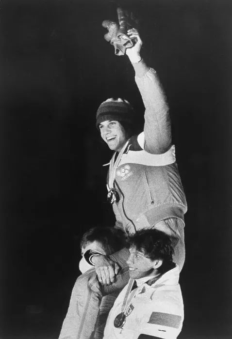 Framed Print : Eric Heiden on Competitors Shoulders After Victory Framed Print : Eric Heiden on Competitors Shoulders After Victory