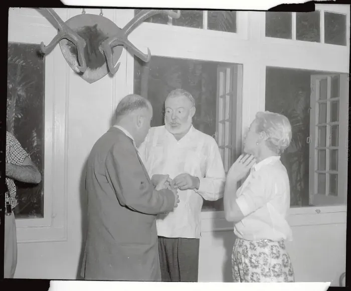 Framed Print : Ernest Hemingway Talking to Reporters at Home Framed Print : Ernest Hemingway Talking to Reporters at Home